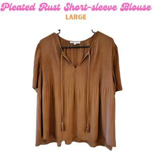 Pleated Flowy Short-Sleeve Rust Blouse
